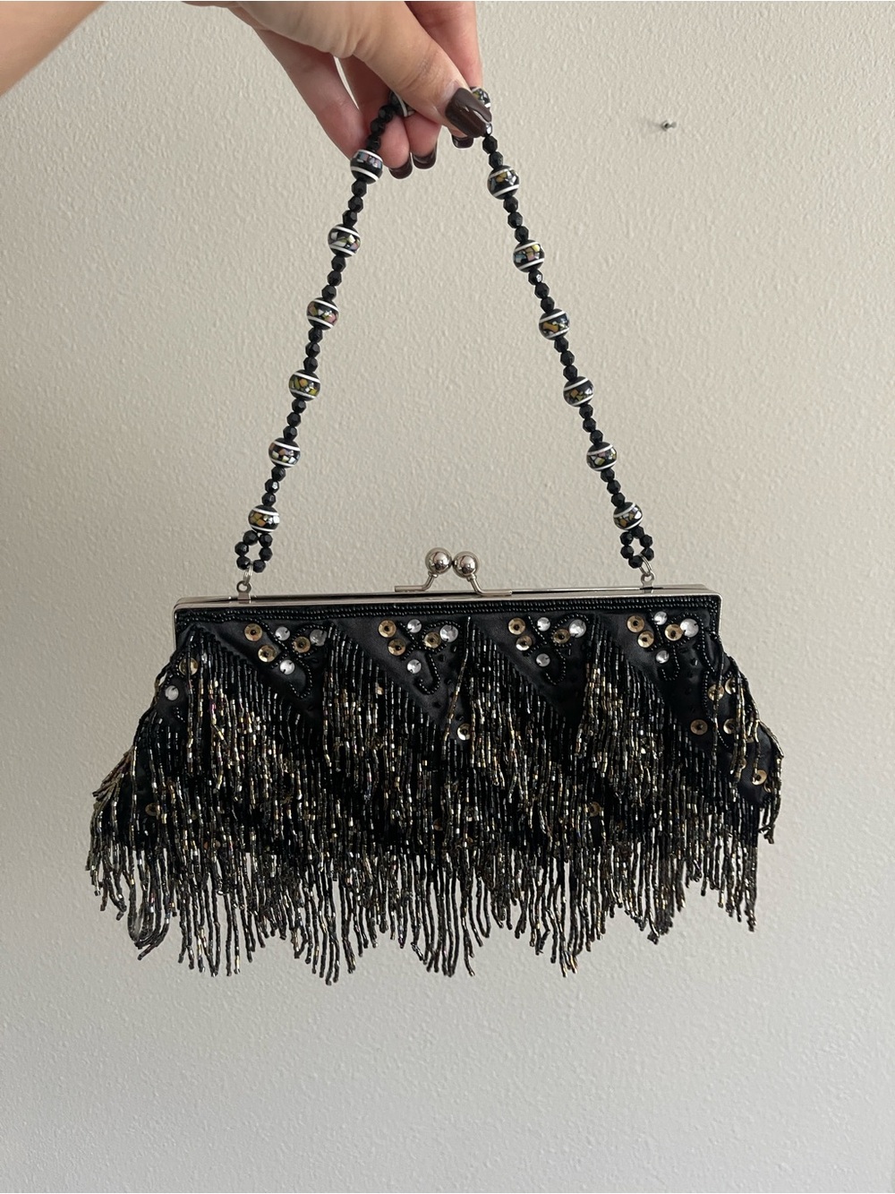 Bisou Bisou Black Beaded Fringe Evening Clutch